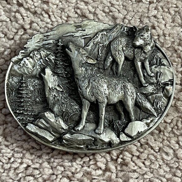 Bergamot Brass Works Belt Buckle Wolf Pack Antique Vintage 1981 Cowboy Western